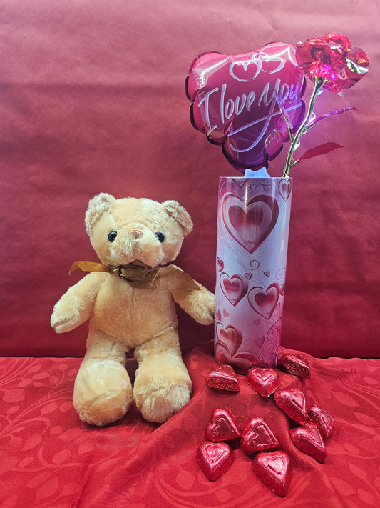 VALENTINE'S DAY TUMBLER gift pack (Full color 20oz. customizable/personalizable tumbler, ballon, teddy bear, rose, and chocolate hearts.)